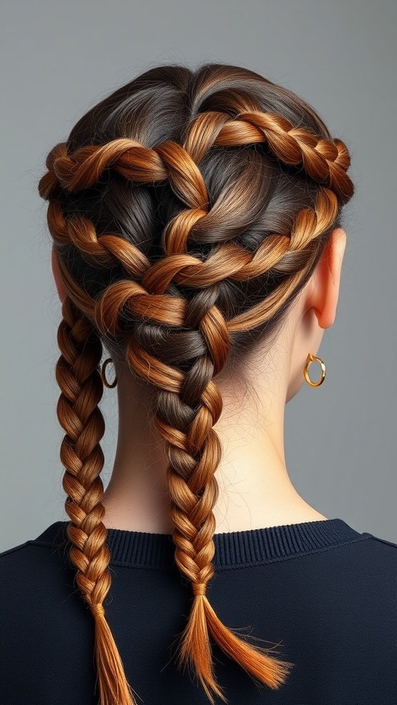 A woman with knotless braids styled into a crown braid with two hanging braids.