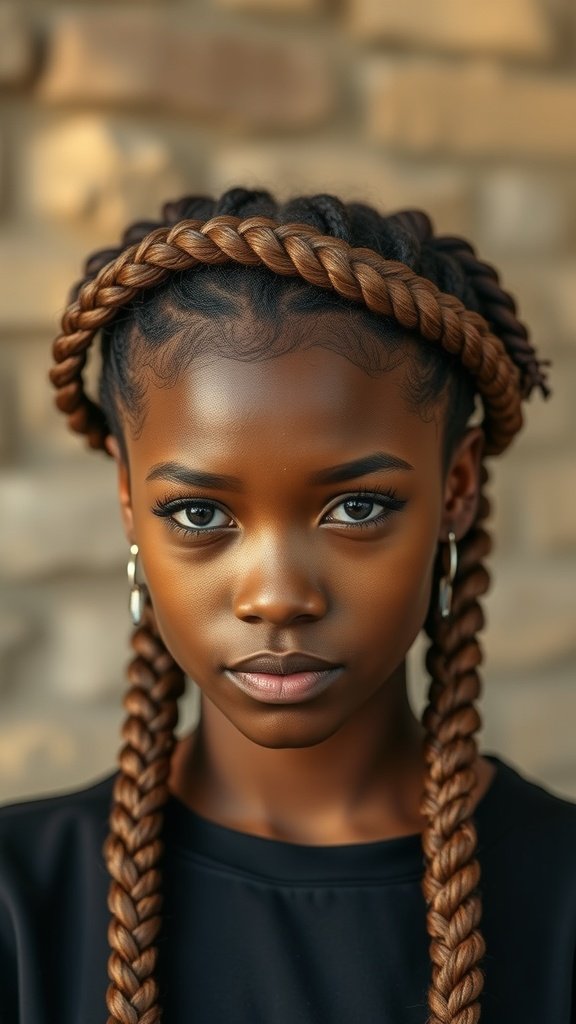 A young person with knotless braids styled into a crown braid, showcasing a chic hairstyle.