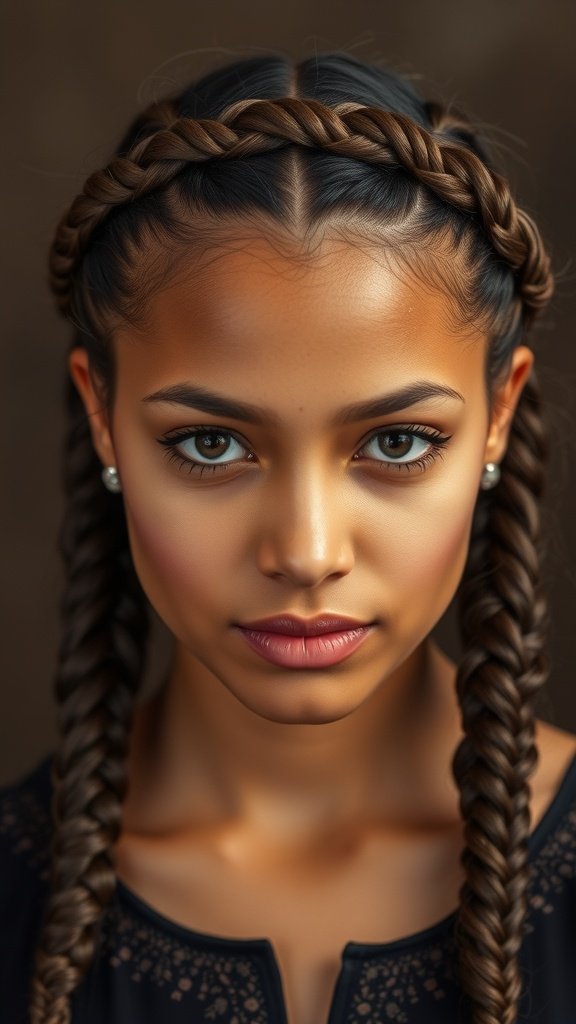 A close-up of a person with knotless braids styled into a crown braid, showcasing a polished and elegant hairstyle.
