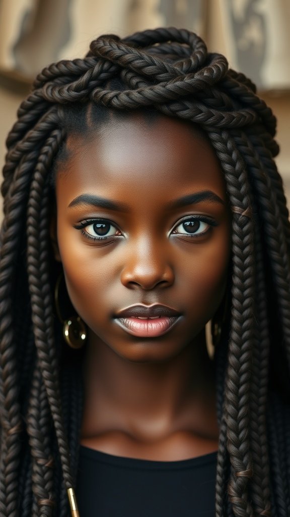 A close-up of a person with knotless braids styled into a crown braid.