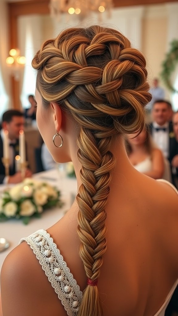 A woman with knotless braids styled into a crown braid, showcasing an elegant hairstyle.