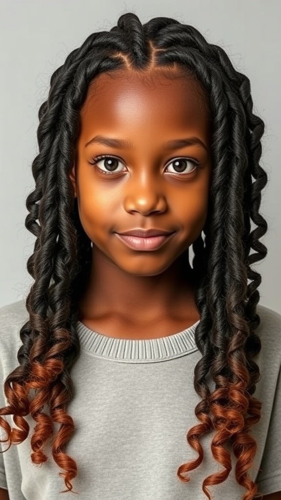 A young girl with knotless braids that have curly ends, showcasing a stylish and playful hairstyle.