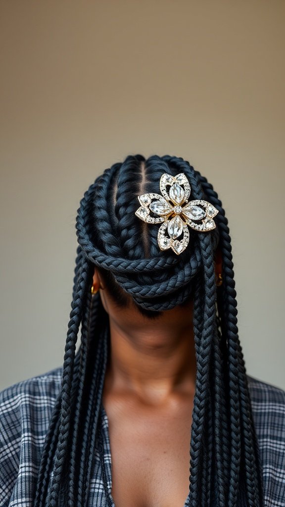 A close-up of knotless box braids styled with a decorative clip, showcasing elegance and personality.