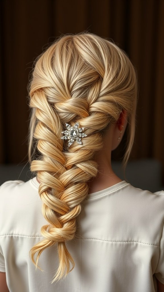 Blonde knotless braids styled with a decorative clip