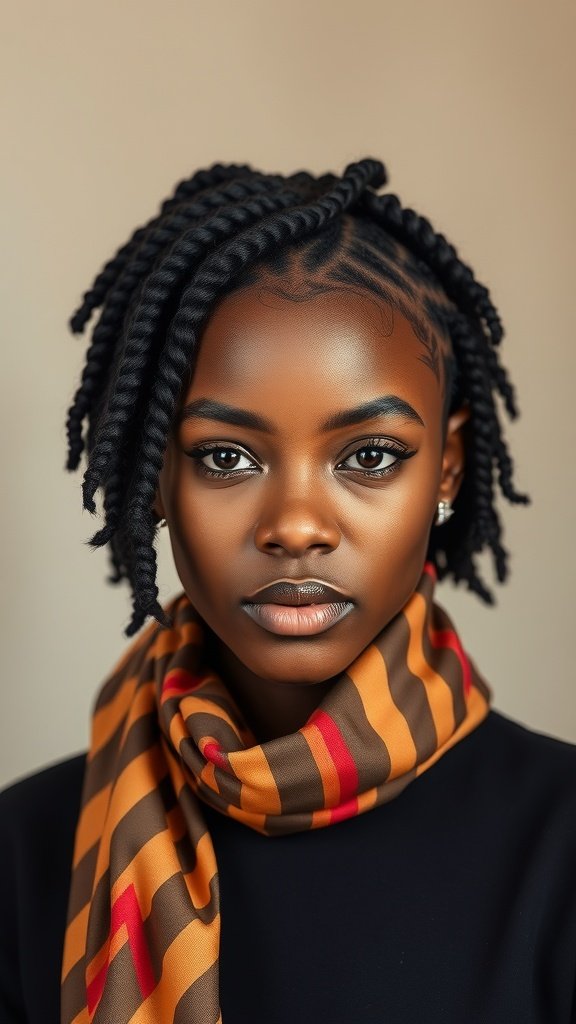 A person with knotless box braids wearing a decorative scarf, showcasing a stylish hairstyle.