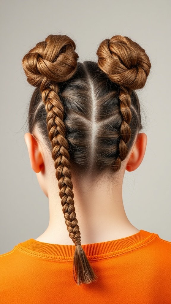 A hairstyle featuring knotless braids styled into double buns with a long braid.