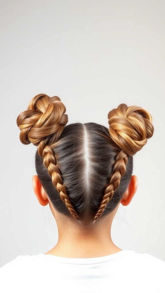 A hairstyle featuring knotless braids styled into double buns.