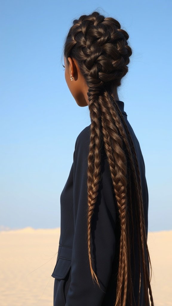 A woman with knotless braids styled dramatically, showcasing intricate patterns and long flowing braids against a clear blue sky.