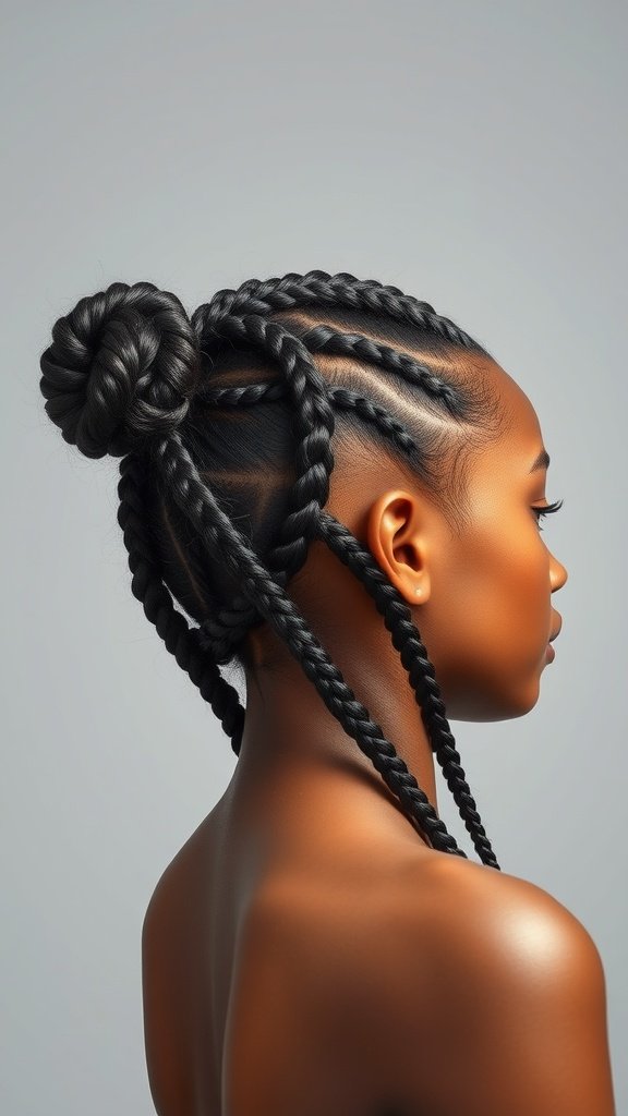 A woman with knotless braids styled in a dramatic side sweep, showcasing intricate braiding.