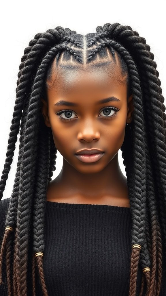 A close-up of a young person with dramatic knotless braids, showcasing volume and style.