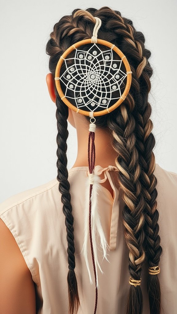 Knotless braids with a dreamcatcher accessory