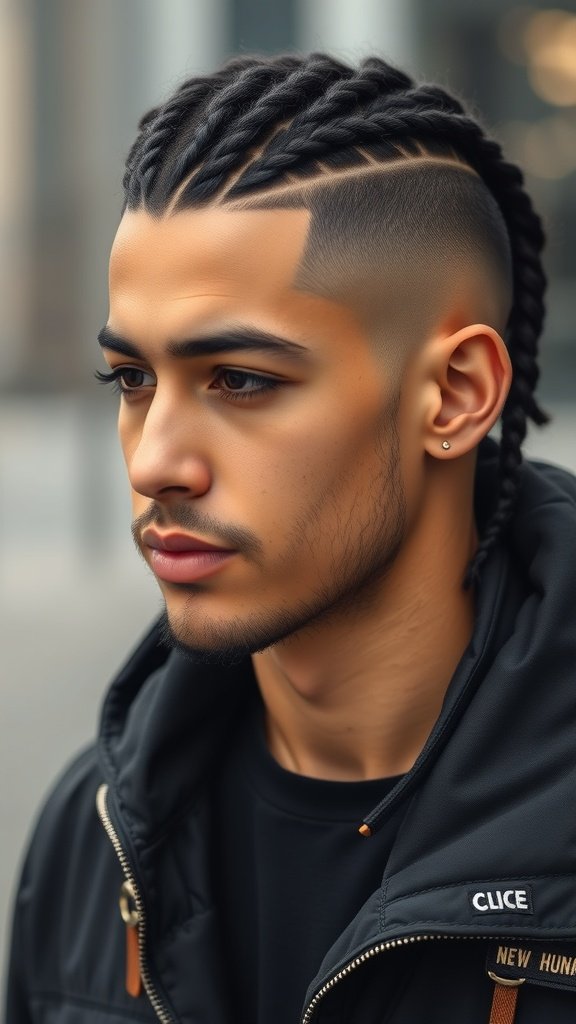 A young man with knotless braids and a fade hairstyle.