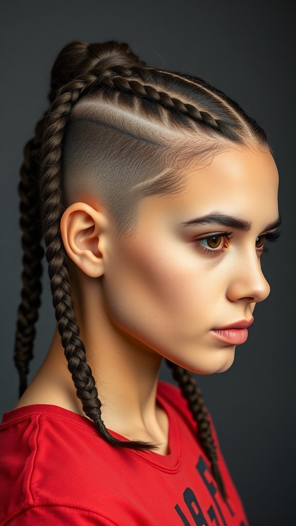 A close-up of a person with knotless braids styled with a fade, showcasing a modern and edgy hairstyle.