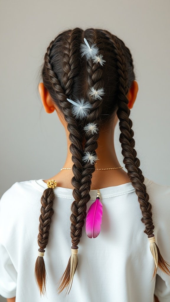 A girl with knotless braids featuring feather accents, showcasing a stylish and bohemian hairstyle.
