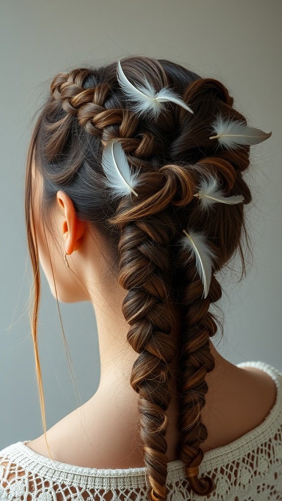 A woman with knotless braids featuring white feather accents.