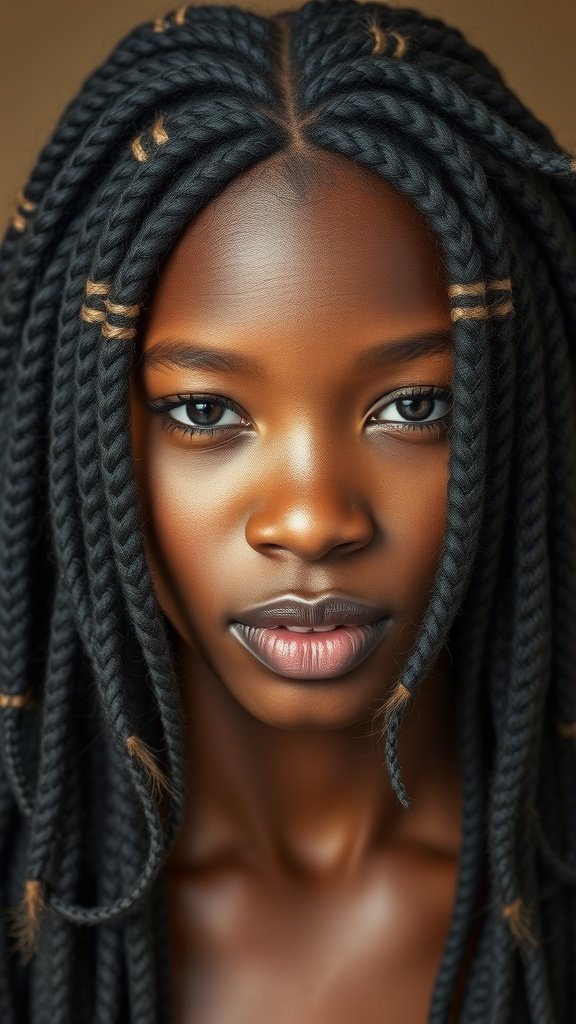 Close-up of a person with knotless braids featuring a feathered look, showcasing smooth texture and golden accents.