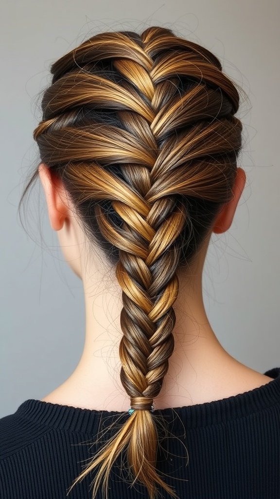 A close-up of a woman's back view showcasing a knotless braid that transitions into a fishtail braid, featuring a blend of brown and blonde hair colors.