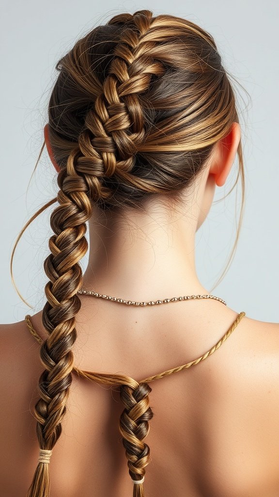 A close-up of a woman's back showing knotless braids transitioning into a fishtail braid.