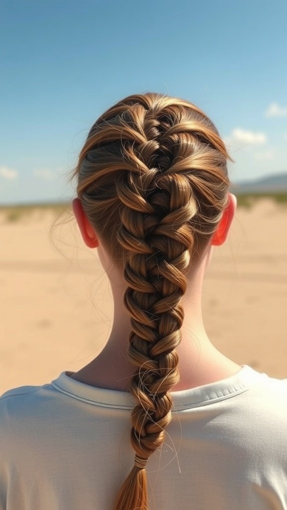A close-up view of a person with a fishtail braid styled in a knotless braid, showcasing a beautiful and intricate hairstyle.