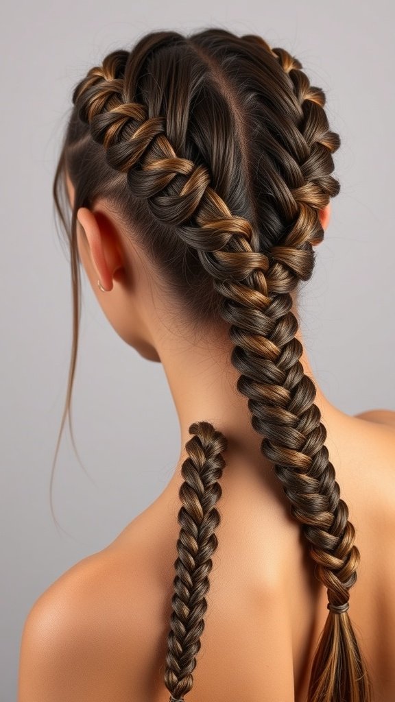 A close-up view of a woman's hair styled with knotless braids leading into a fishtail braid.