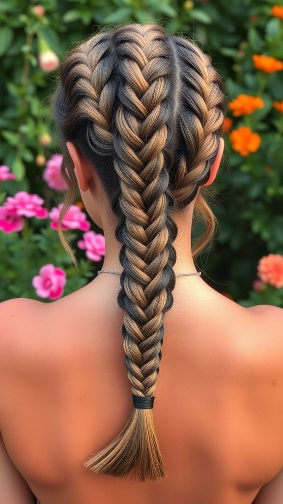 A woman with large knotless braids styled into a fishtail braid, surrounded by colorful flowers.