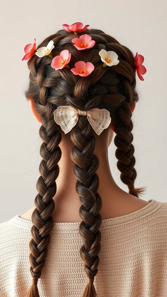 A person with two knotless braids decorated with pink and white flowers and a bow.