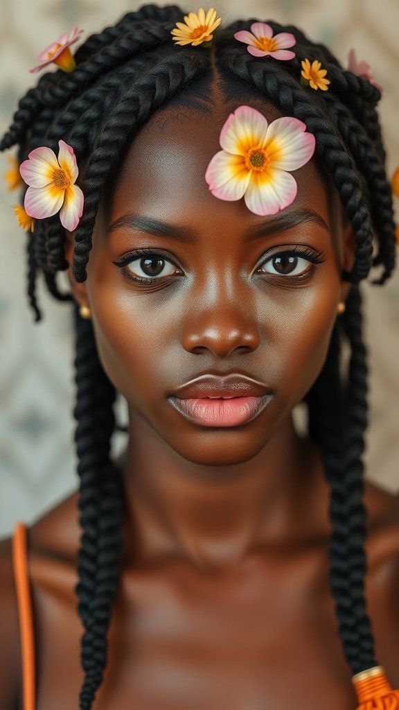 A close-up of a person with knotless box braids adorned with colorful flowers.