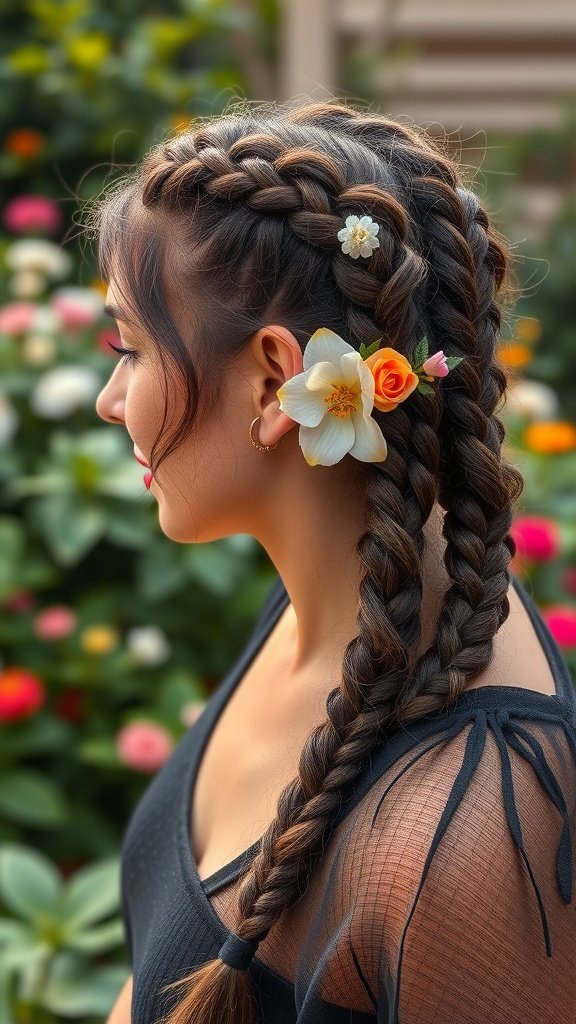 A woman with knotless braids decorated with floral clips, standing in front of colorful flowers.