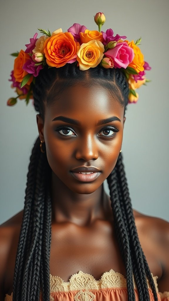 A person with knotless braids adorned with a colorful floral crown.
