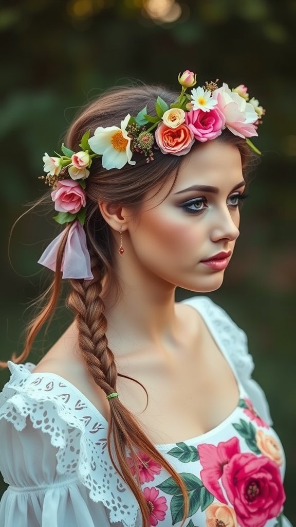 A woman with knotless braids wearing a floral crown, showcasing a stylish and natural look.