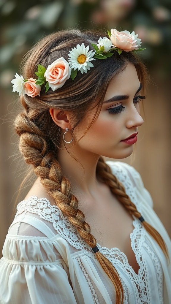 A woman with knotless braids adorned with a floral crown, featuring soft pink roses and daisies.