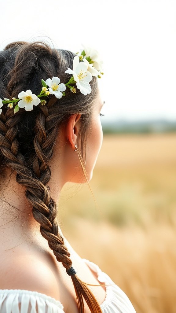 A woman with knotless braids adorned with a floral crown, set against a golden field.