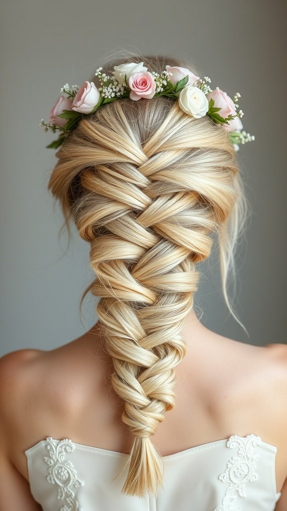 A woman with blonde knotless braids adorned with a floral crown of pink roses and greenery.