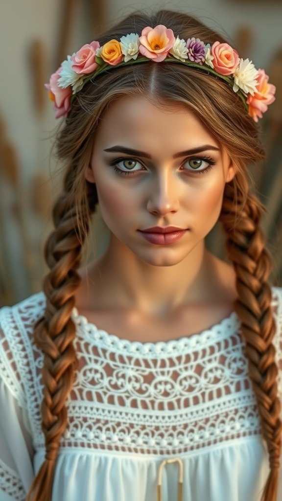 A woman with knotless braids wearing a flower crown, showcasing a boho hairstyle.