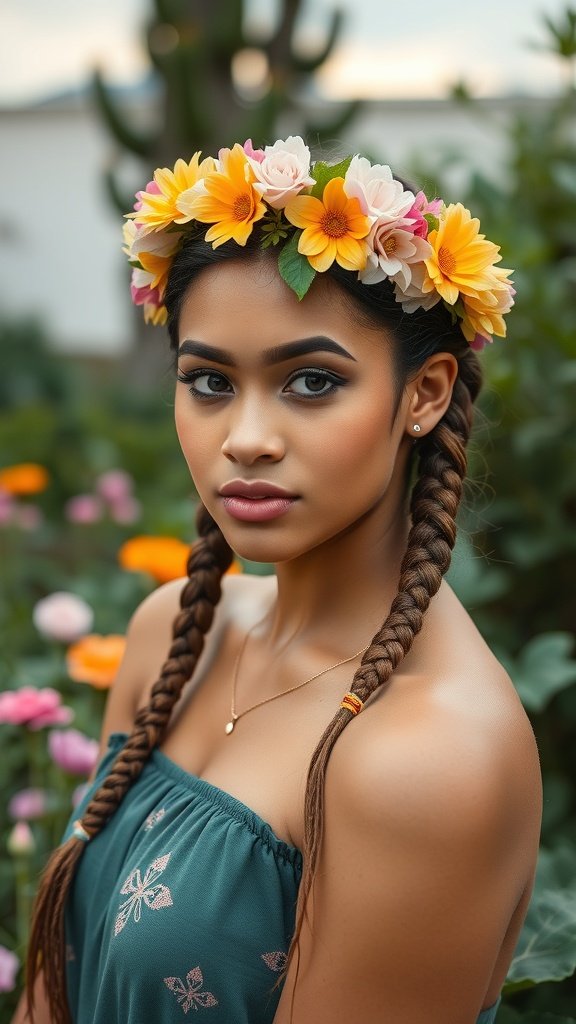 A model with knotless braids wearing a colorful flower crown in a garden setting.
