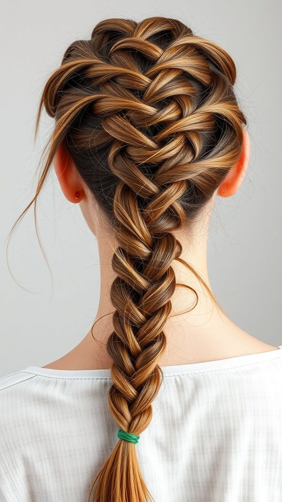 A detailed view of a woman's hair styled in a French braid transitioning into knotless braids.