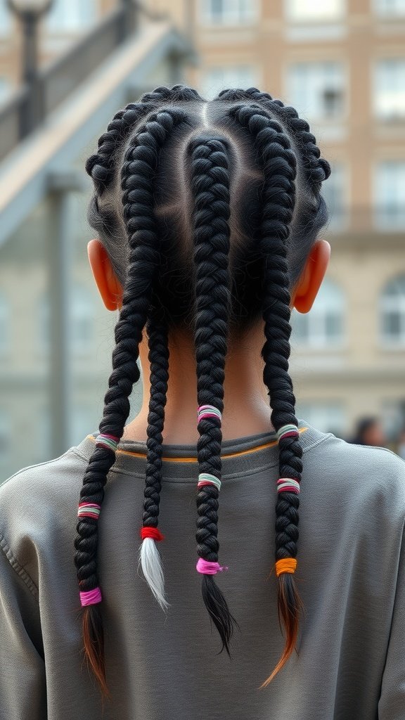 A close-up view of a person's back with long knotless braids styled with colorful hair ties.