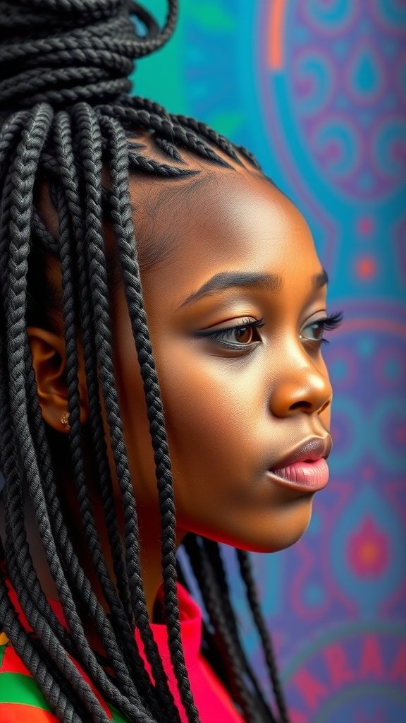 A close-up of a person with knotless braids styled in a funky pattern, showcasing a vibrant background.