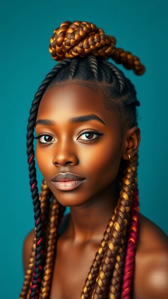 A person with knotless braids styled in a funky way, featuring colorful extensions.