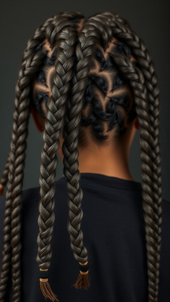 A close-up of knotless braids styled with a geometric design, showcasing intricate patterns and smooth braids.