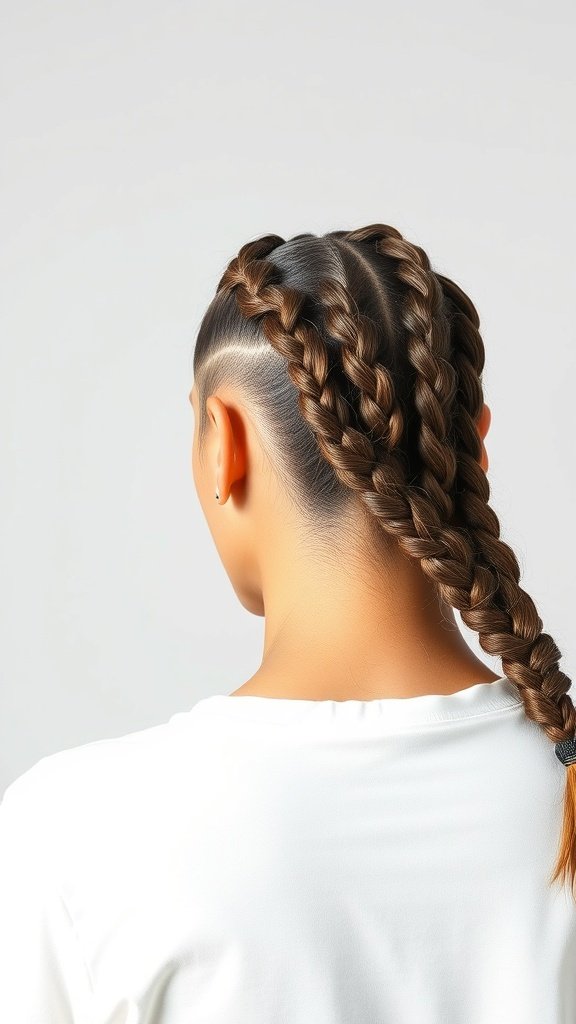 A close-up view of a woman with knotless braids styled in a geometric pattern.