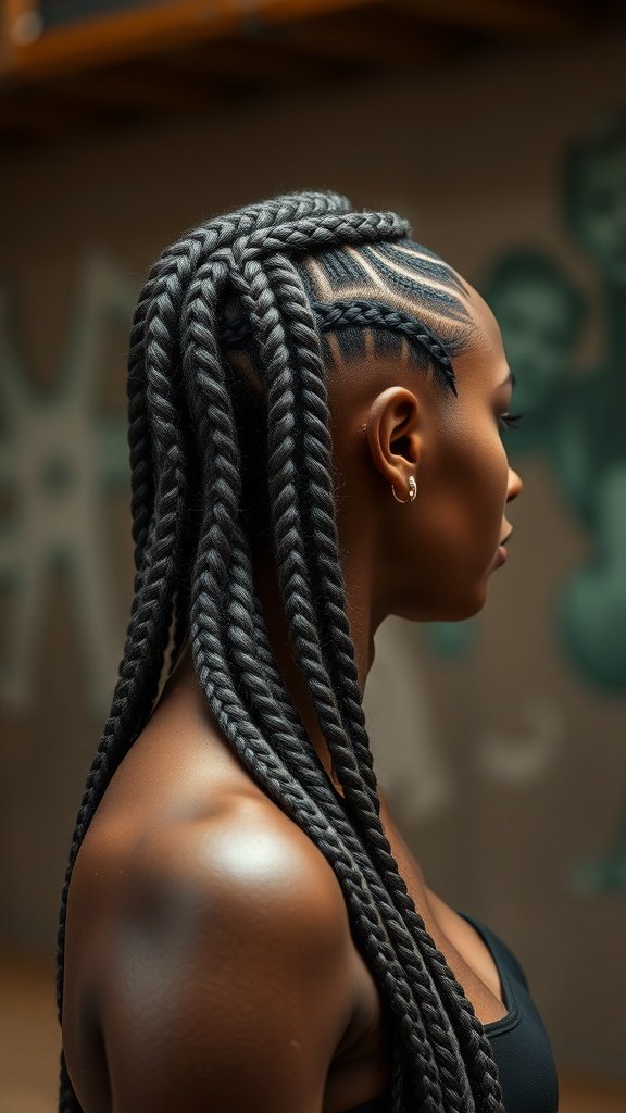 A woman with large knotless braids styled in a geometric pattern.