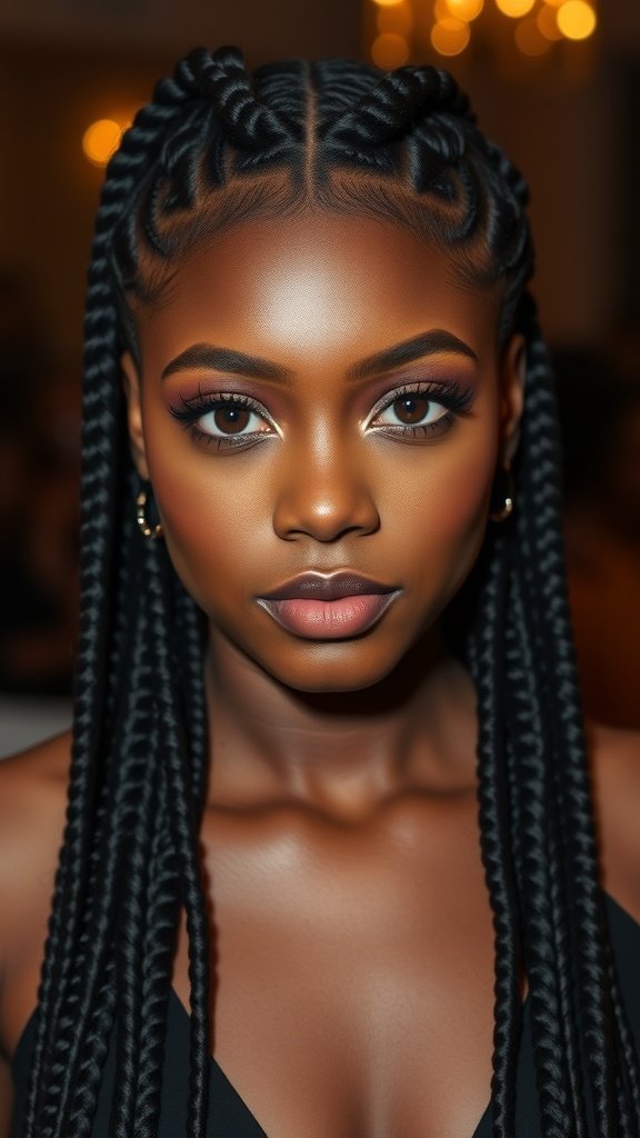A close-up of a person with knotless braids styled elegantly.