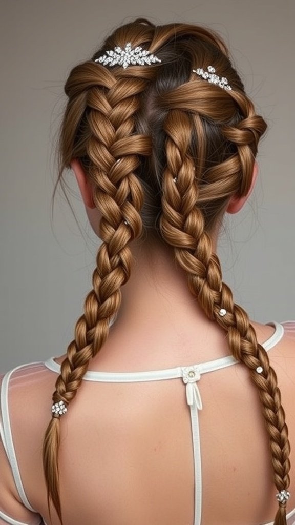 A stylish back view of a person with knotless braids decorated with hair accessories.