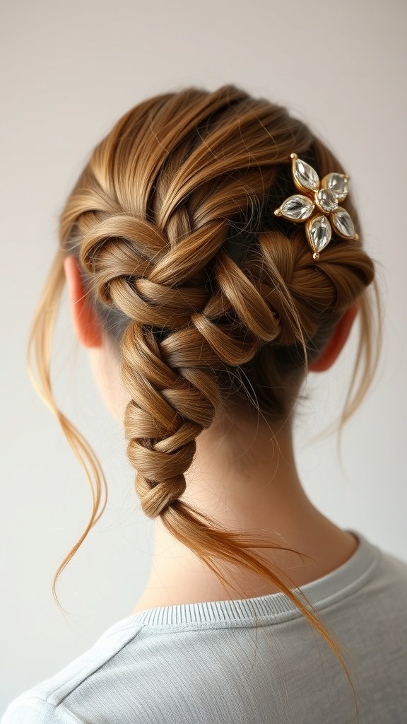 A woman with medium knotless braids styled with a decorative hair clip.