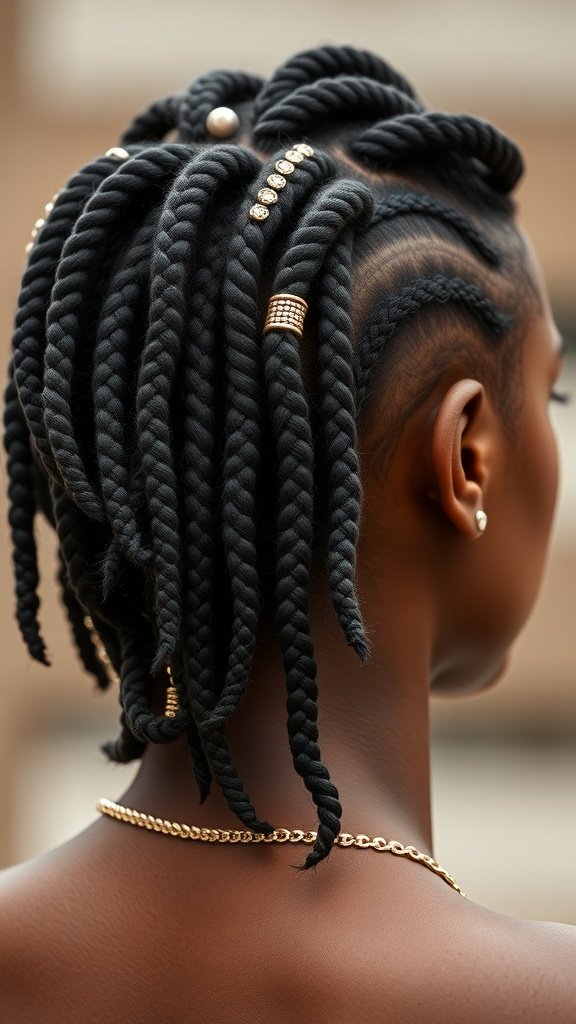 Close-up of knotless box braids with hair jewelry