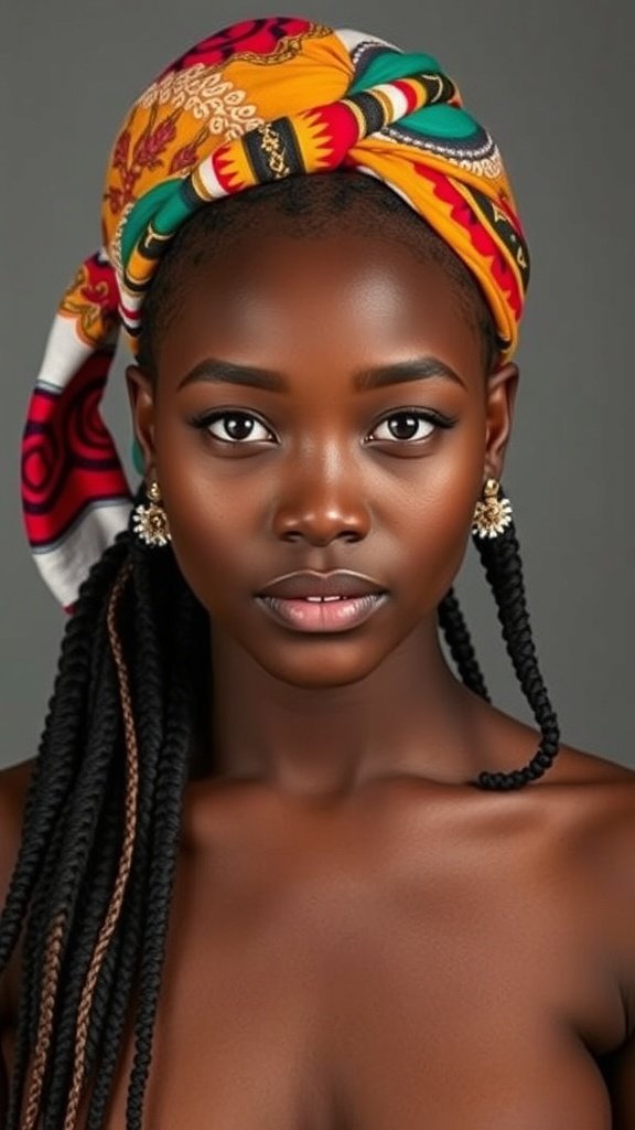A model with knotless braids and a colorful hair wrap, showcasing a stylish look.