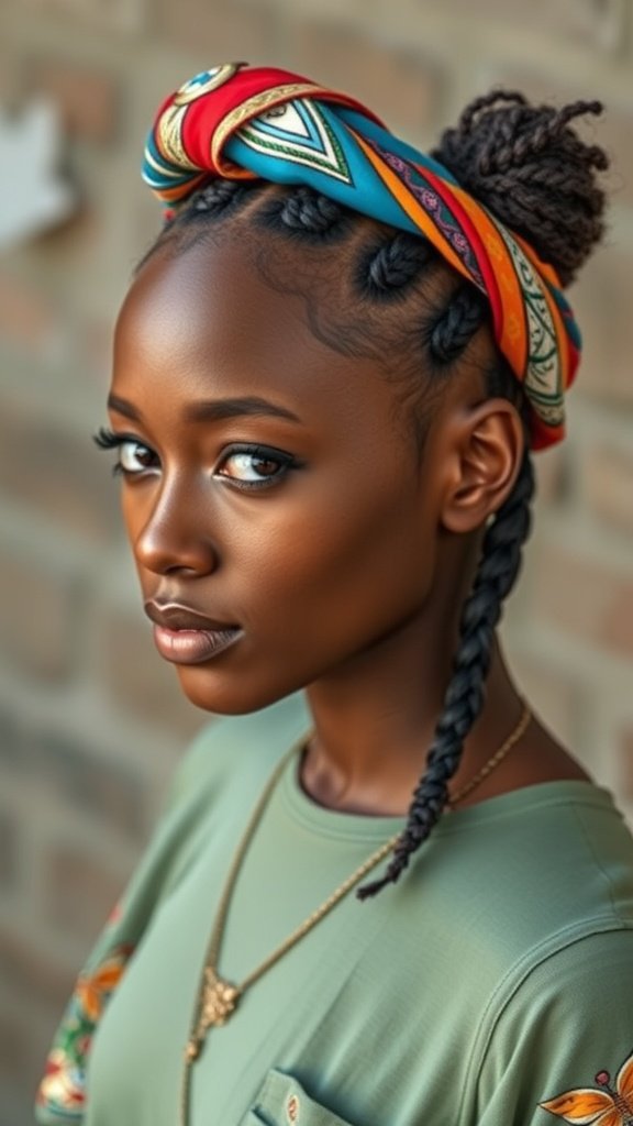 A woman with knotless braids styled with a colorful hair wrap, showcasing a chic and vibrant look.
