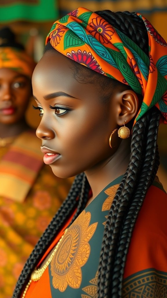 A woman with knotless braids and a colorful hair wrap, showcasing a stylish hairstyle.