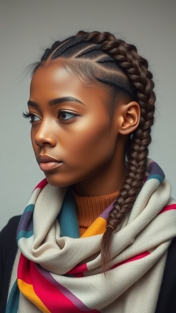 A young woman with medium knotless braids and a colorful hair wrap.